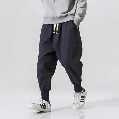 Men's Low Crotch Pants with Elastic Waist and Drawstring, Elastic Cuffs – Casual Style