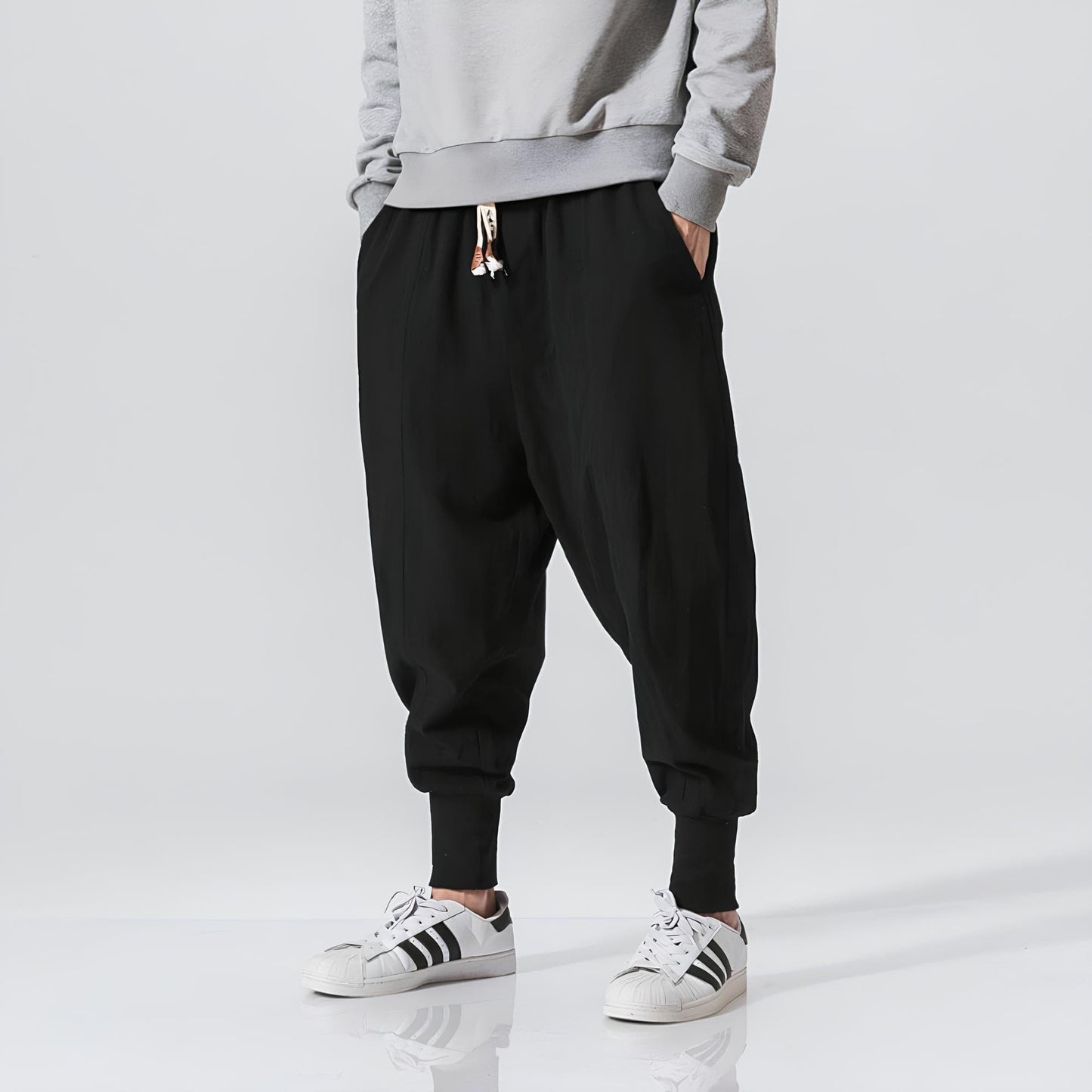 Men's Low Crotch Pants with Elastic Waist and Drawstring, Elastic Cuffs – Casual Style