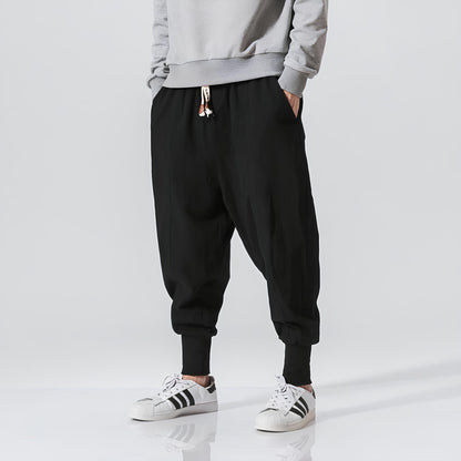 Men's Low Crotch Pants with Elastic Waist and Drawstring, Elastic Cuffs – Casual Style