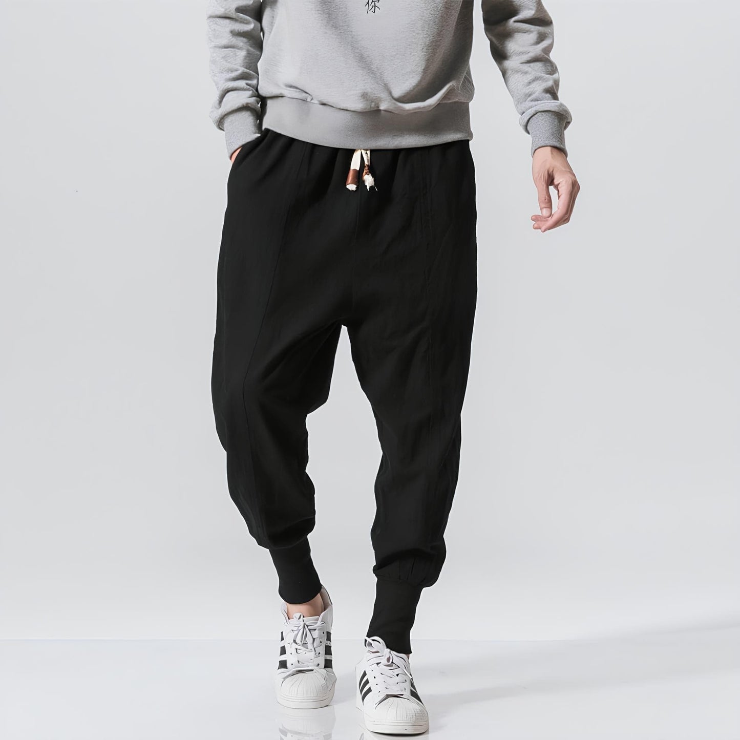 Men's Low Crotch Pants with Elastic Waist and Drawstring, Elastic Cuffs – Casual Style