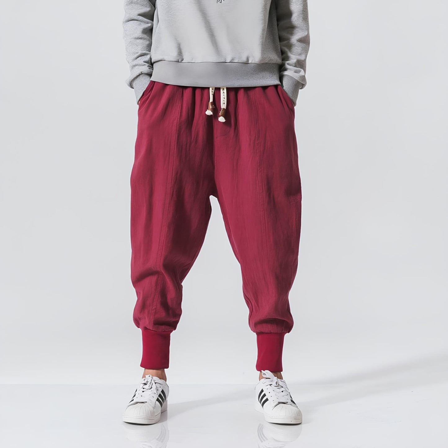 Men's Low Crotch Pants with Elastic Waist and Drawstring, Elastic Cuffs – Casual Style