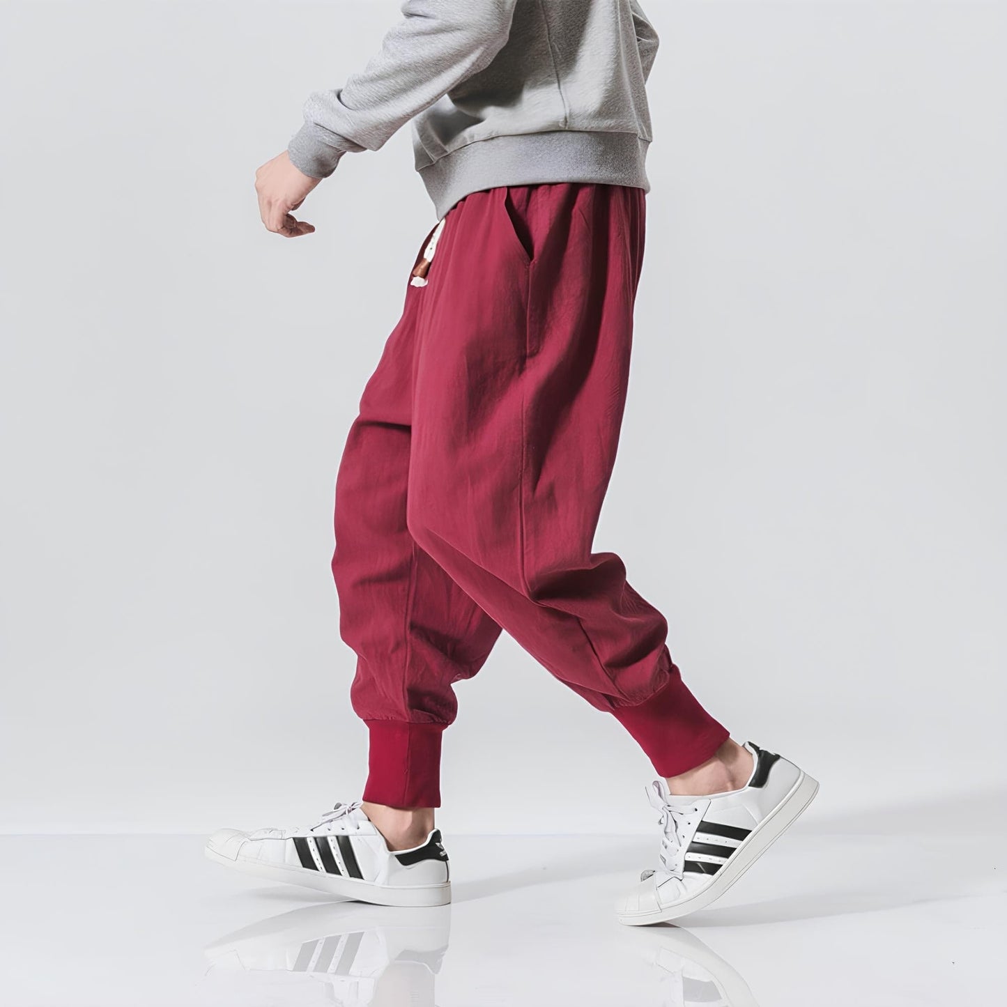 Men's Low Crotch Pants with Elastic Waist and Drawstring, Elastic Cuffs – Casual Style