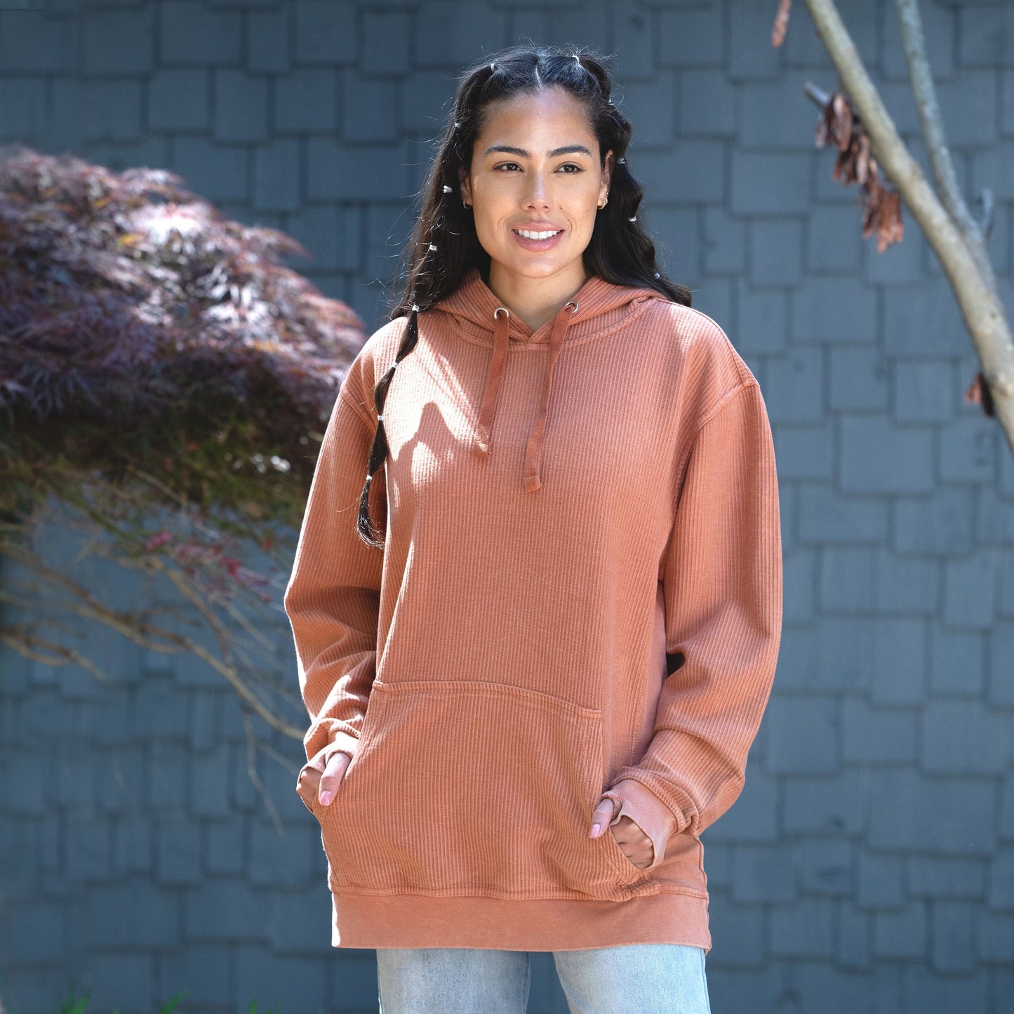 Felpa Donna con Cappuccio in Velluto Stone Wash e Fori per Pollici