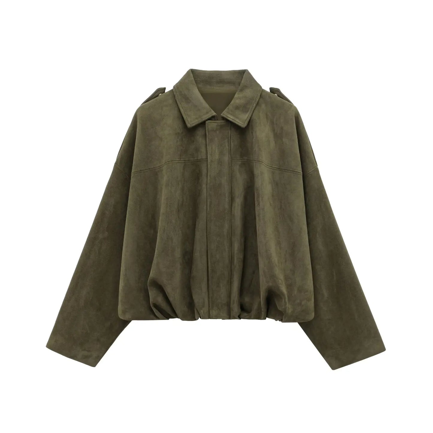 Giacca oversize in pelle scamosciata verde oliva, design casual con colletto classico e maniche lunghe. Moda autunnale, abbigliamento donna trendy.