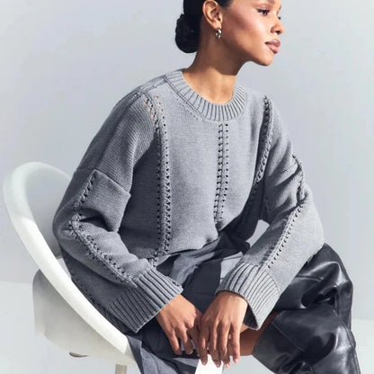 Maglione Donna Oversize in Maglia Traforata con Girocollo – Stile Leggero e Strutturato