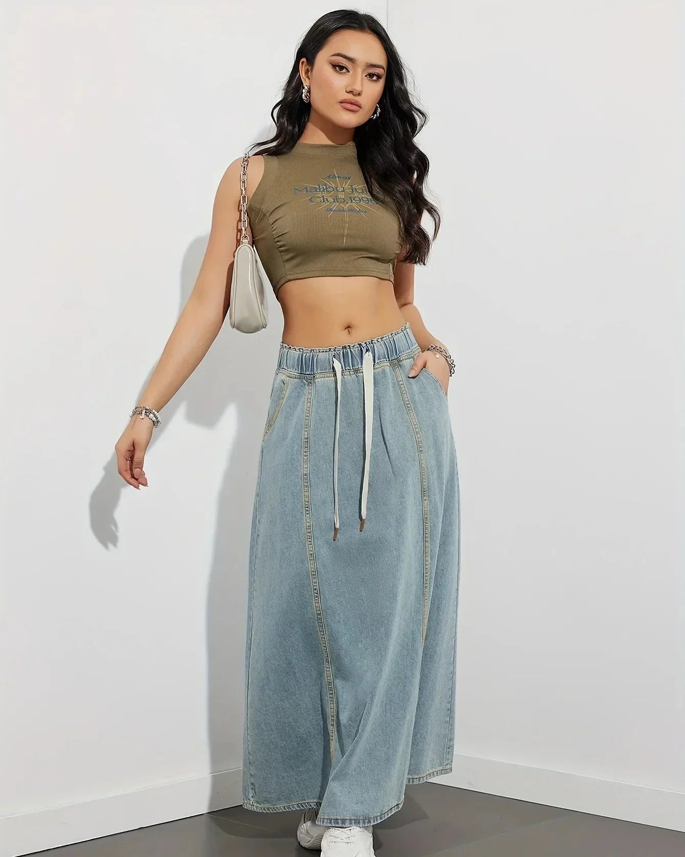 Gonna Maxi Donna con Vita Elasticizzata, Coulisse e Tasche Laterali – Misto Denim