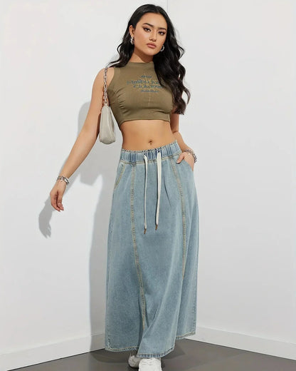 Gonna Maxi Donna con Vita Elasticizzata, Coulisse e Tasche Laterali – Misto Denim