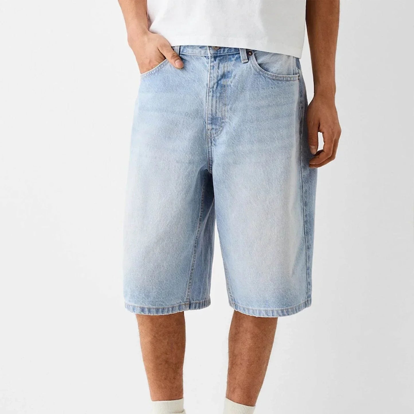 Bermuda til mænd i denimblanding, baggy pasform, knælange med vintage vaskeffekt