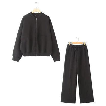 Women's Two-Piece Set with Zip Top and High-Waisted Wide-Leg Pants