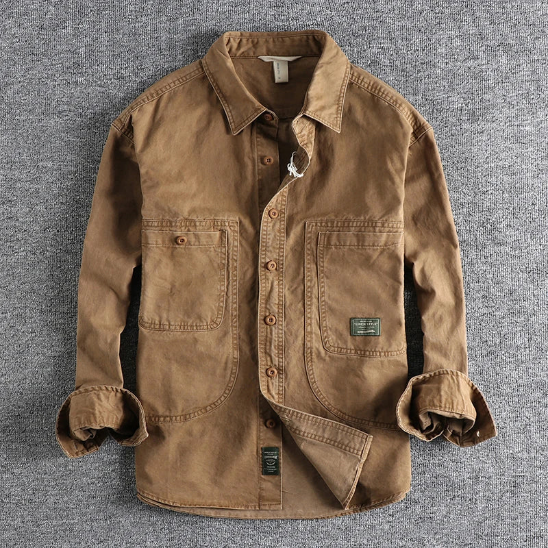 Men's Long Sleeve Work Shirt with Washed Finish – Casual Relaxed Fit