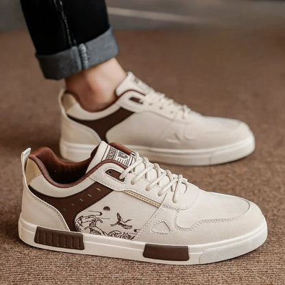 Men's Sneakers Cream and Brown with Wave Graphics and Padded Insole