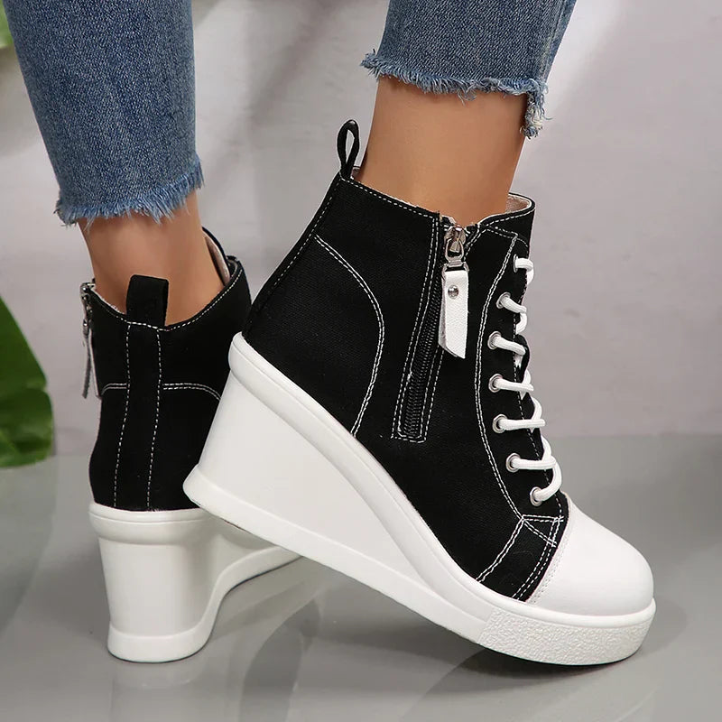 Women's Sneakers with Wedge, Side Zip, and Front Lacing