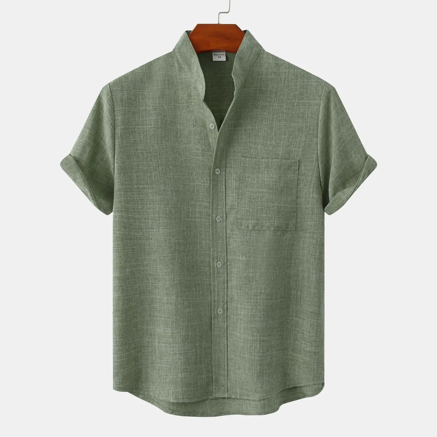 Camicia Estiva da Uomo in Misto Lino a Maniche Corte Senza Colletto con Bottoni