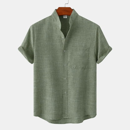Camicia Estiva da Uomo in Misto Lino a Maniche Corte Senza Colletto con Bottoni