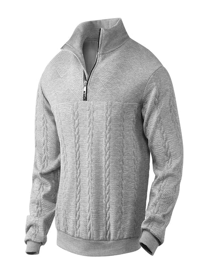 Herresweater i strik med halv lynlås, høj hals og fletmønster – Strikstil
