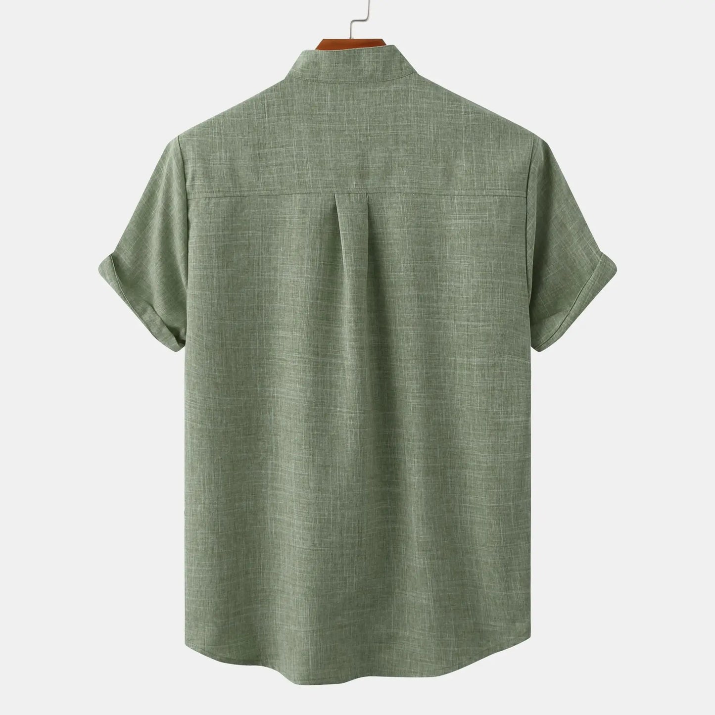 Camicia Estiva da Uomo in Misto Lino a Maniche Corte Senza Colletto con Bottoni