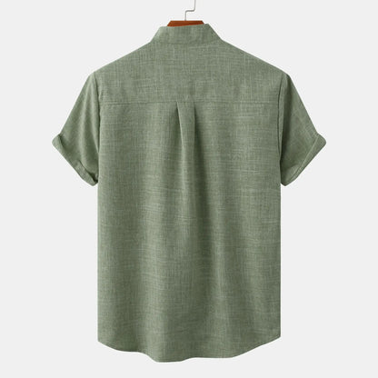Camicia Estiva da Uomo in Misto Lino a Maniche Corte Senza Colletto con Bottoni