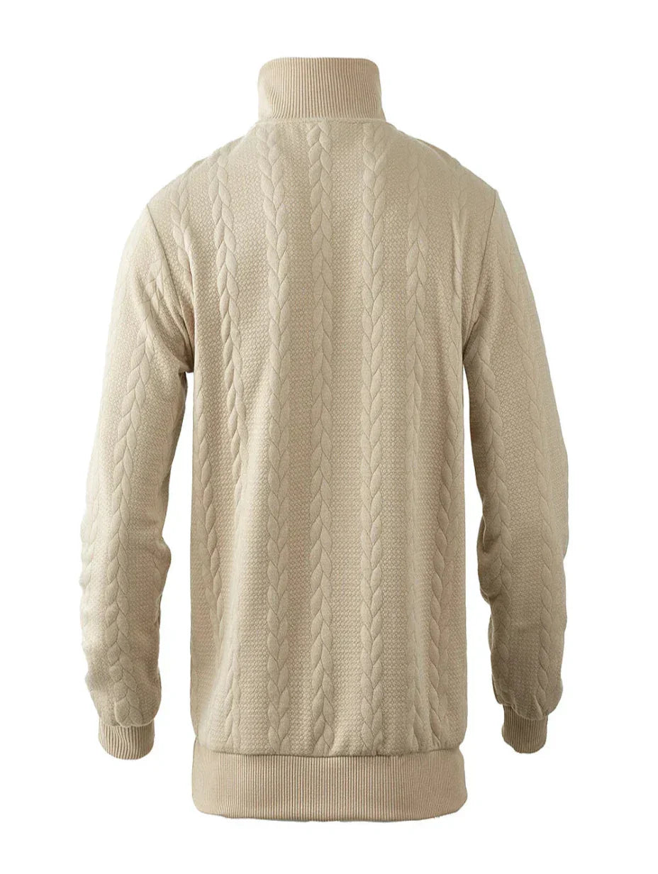 Herresweater i strik med halv lynlås, høj hals og fletmønster – Strikstil
