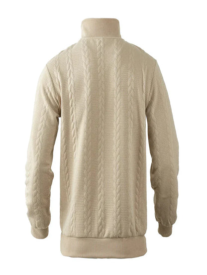 Herresweater i strik med halv lynlås, høj hals og fletmønster – Strikstil