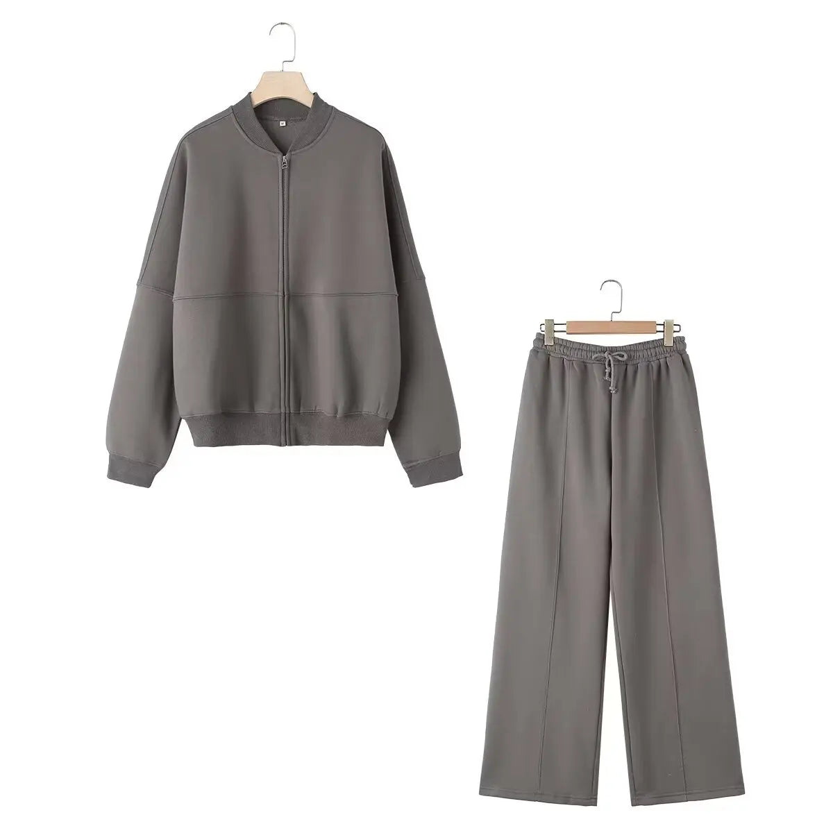 Women's Two-Piece Set with Zip Top and High-Waisted Wide-Leg Pants