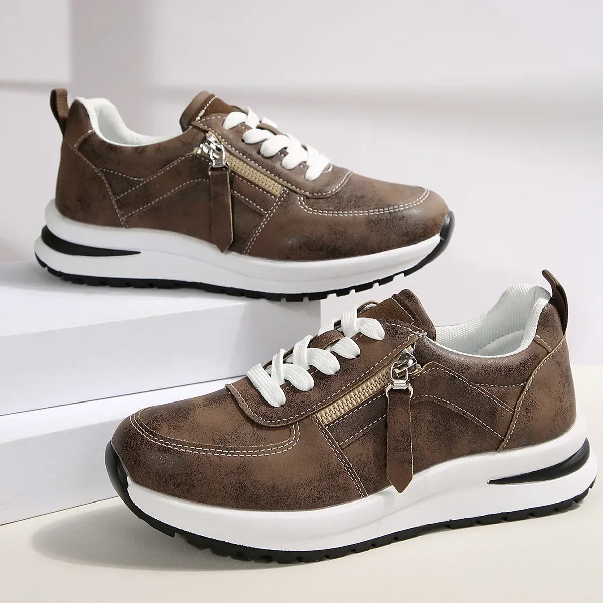 Women's Platform Sneakers with Laces and Side Zipper – Supportive Sole