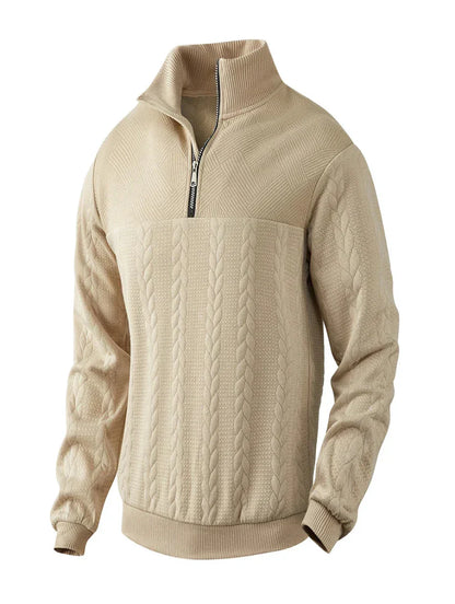 Herresweater i strik med halv lynlås, høj hals og fletmønster – Strikstil