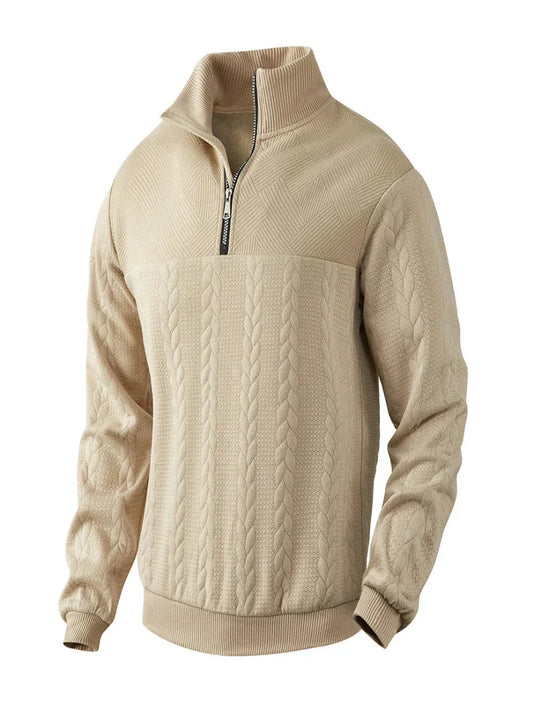 Men's Sweater in Knit with Half Zip, High Collar and Cable Pattern – Knit Style