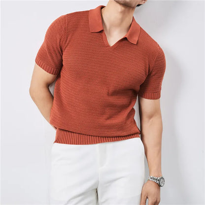 Men's Summer Polo with V-Neck and Elastic Hem