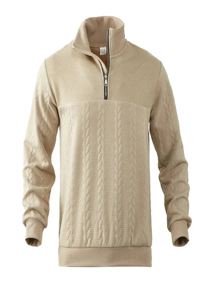 Herresweater i strik med halv lynlås, høj hals og fletmønster – Strikstil