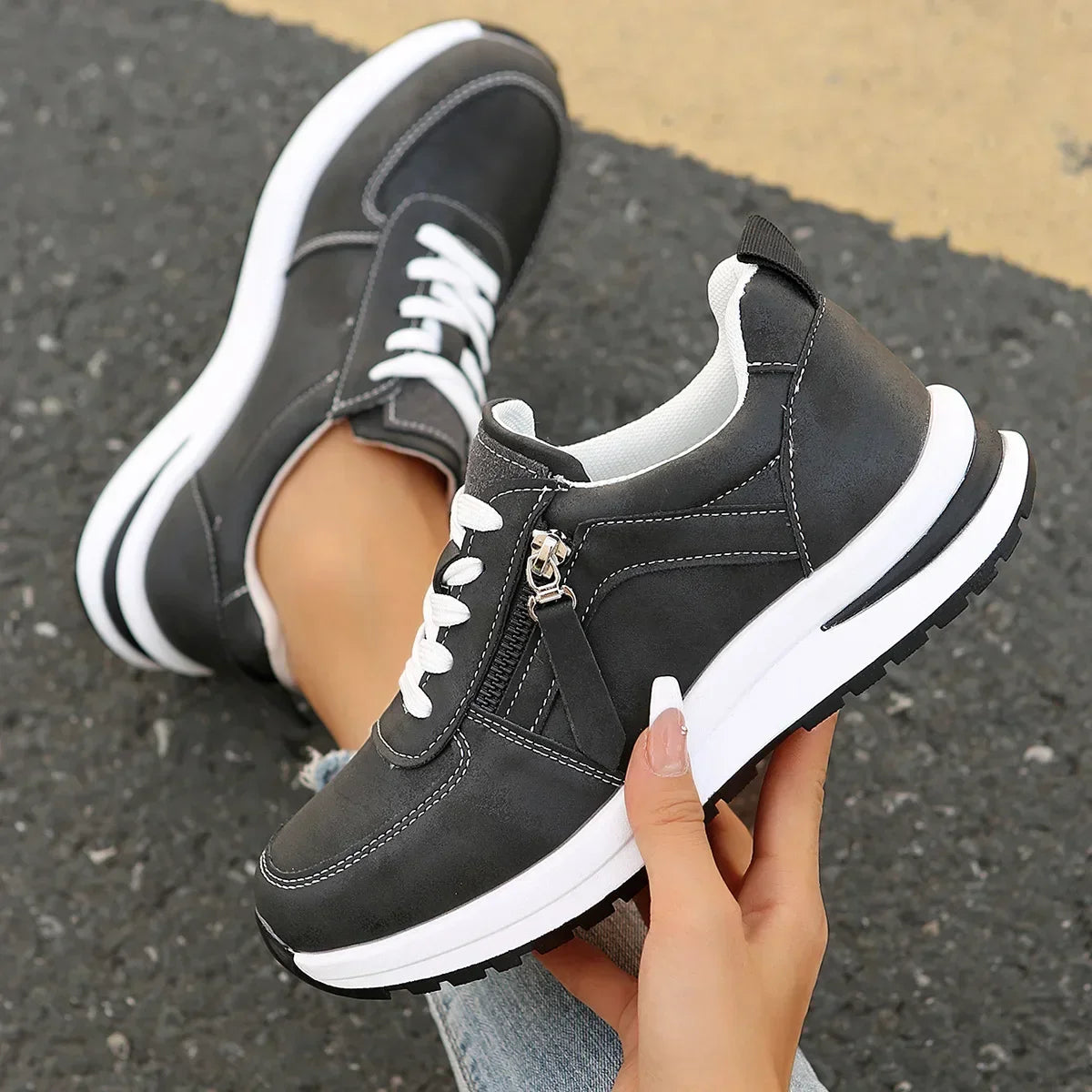 Women's Platform Sneakers with Laces and Side Zipper – Supportive Sole