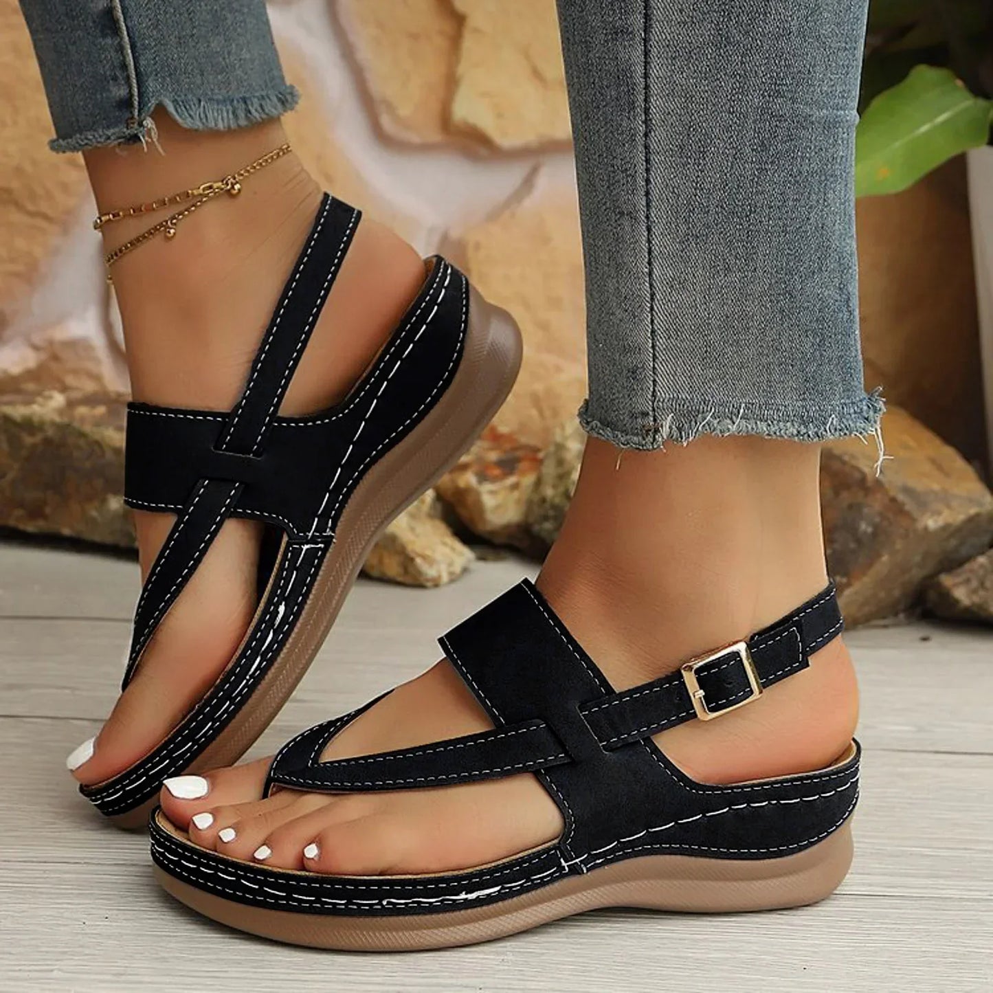 Women's Summer Sandals with Platform and Wide Straps – Slip-On Model