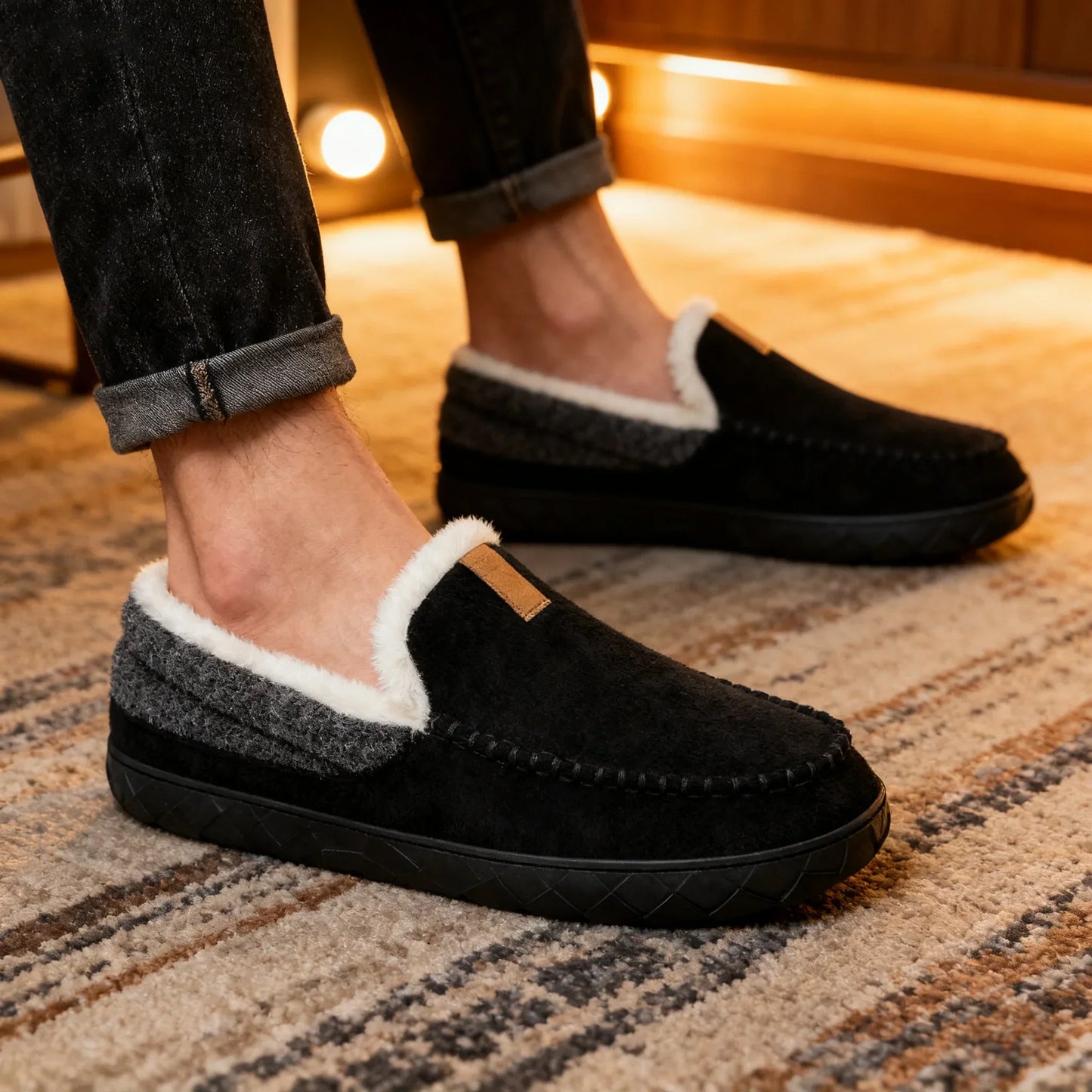 Men's Autumn Slip-On Moccasins Rounded Toe Plush Lining EVA Non-Slip Sole – Comfortable Shoes