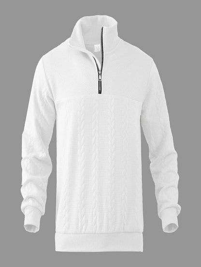 Herresweater i strik med halv lynlås, høj hals og fletmønster – Strikstil