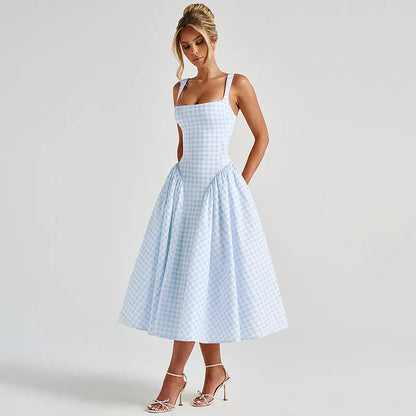 Women's Long Trapeze Dress with Checkered Pattern and Adjustable Straps – Casual Summer Dress