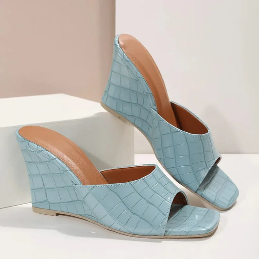 Women's Summer Wedge Sandals Slip-On with Square Toe – Textured Upper and Platform Sole