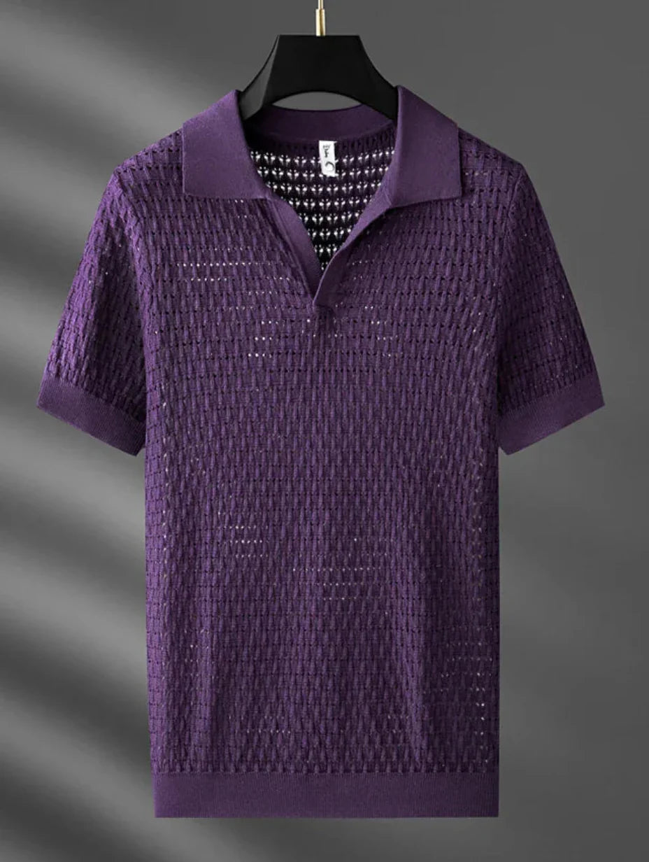 Men's Summer Polo Shirt in Lightweight Knit with Short Sleeves and Openwork Design