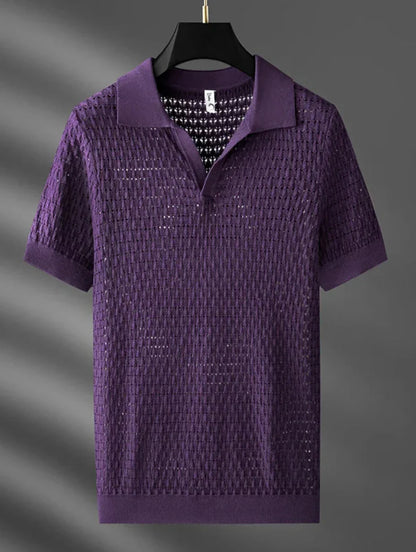 Men's Summer Polo Shirt in Lightweight Knit with Short Sleeves and Openwork Design