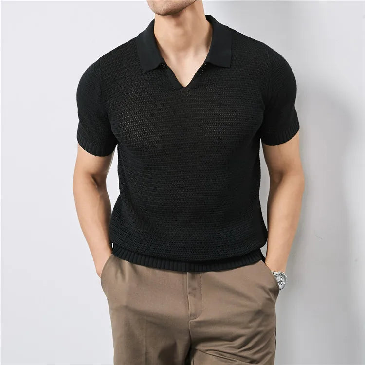 Men's Summer Polo with V-Neck and Elastic Hem