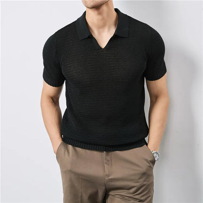 Men's Summer Polo with V-Neck and Elastic Hem