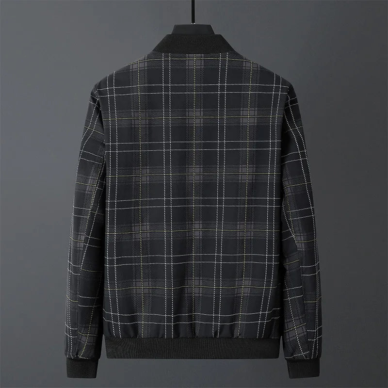 Giacca Bomber Uomo a Quadri con Zip Frontale e Finiture a Costine – Stile Autunnale