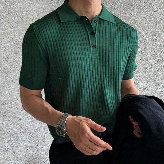 Men's Summer Polo with Knit Texture, Striped Pattern, and Notched Collar