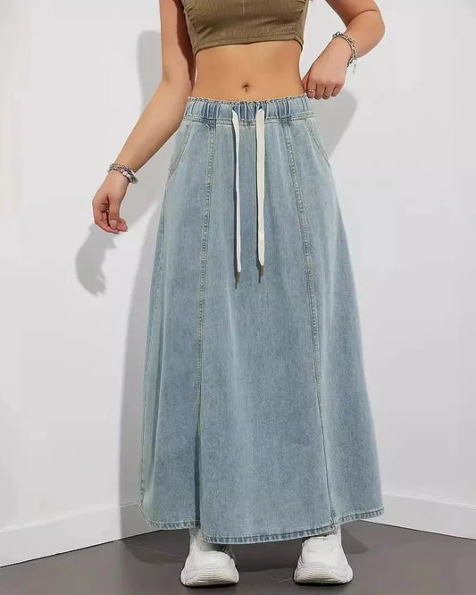 Maxi Skirt for Women with Elastic Waist, Drawstring, and Side Pockets – Denim Blend