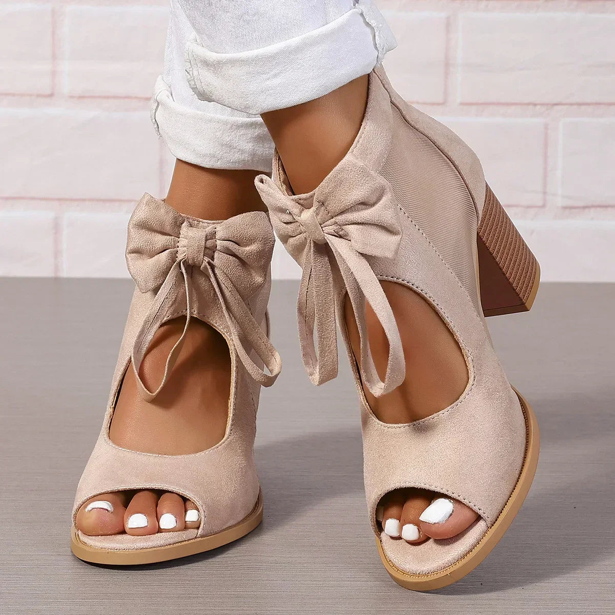 Women's Sandals with Heel, Bow, and Mesh Inserts – Back Zipper Closure