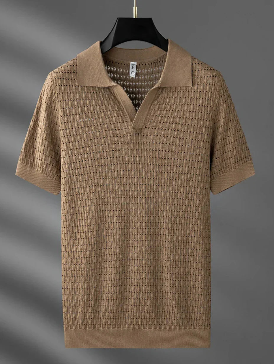 Men's Summer Polo Shirt in Lightweight Knit with Short Sleeves and Openwork Design