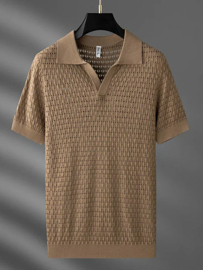 Men's Summer Polo Shirt in Lightweight Knit with Short Sleeves and Openwork Design
