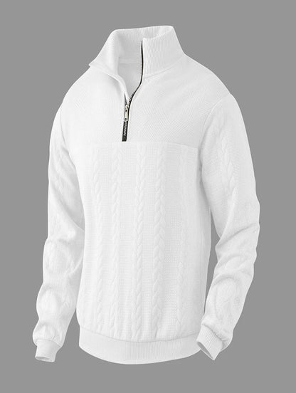 Herresweater i strik med halv lynlås, høj hals og fletmønster – Strikstil