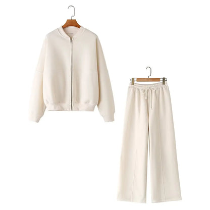 Women's Two-Piece Set with Zip Top and High-Waisted Wide-Leg Pants