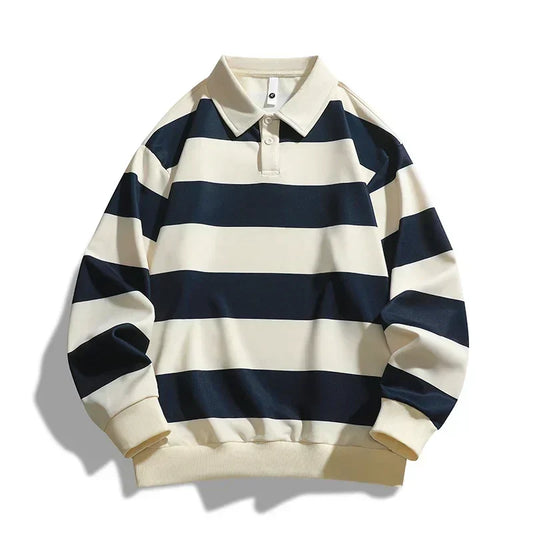 Men's Long-Sleeve Polo with Classic Collar, Horizontal Stripes, and Comfortable Fit