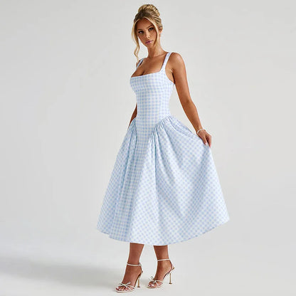 Women's Long Trapeze Dress with Checkered Pattern and Adjustable Straps – Casual Summer Dress