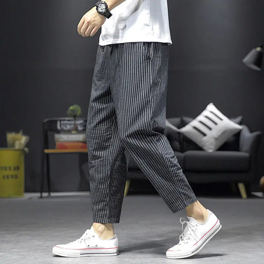 Men's Thin Striped Pants, Ankle Length, Elastic Waist, Comfortable Fit